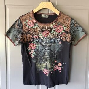 Vanilla Sugar Y2K Bling Lyric Theatre Floral Graphic Babydoll T Shirt, Black,M